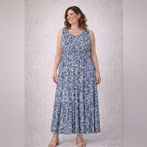 Terra & Sky Blue Paisley Maxi Dress Sleeveless Smocked Bodice 1X 16W–18W